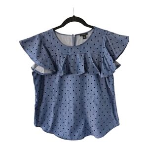 Ann Taylor Chambray Blouse Women XS BlueBlack PolkaDot Sleeveless Ruffle…